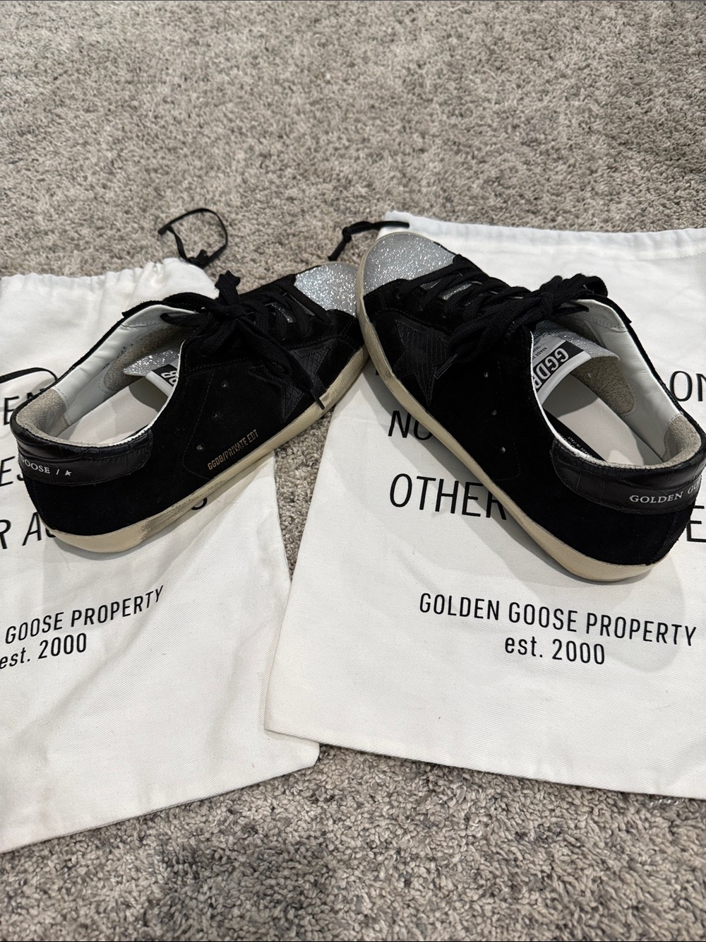 Golden Goose Private EDT Black Suede Sneakers with Silver Glitter Toe